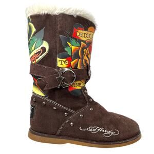 Ed Hardy Women’s Floral Tattoo Print Suede Mid-Calf Boots Brown Size 8